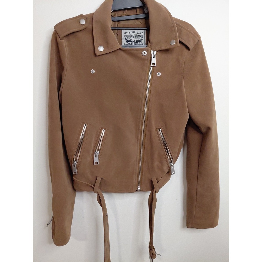 Levi's Women's Faux Suede Belted Biker Moto Jacket Brown Tan Zippers‎ Size Small